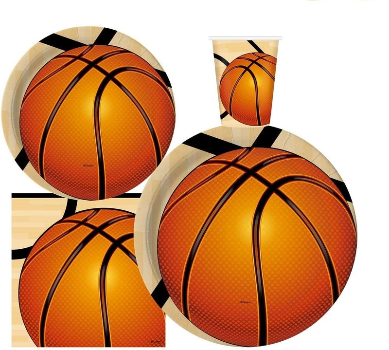 Oojami Serves 30 Guests 9" Dinner & 7" Dessert Plates, 9 oz Cups, 3-Ply Napkins - Complete Tableware Set for Kids' and Adults Sports-Themed basketball Birthday Parties & Events - Image 1